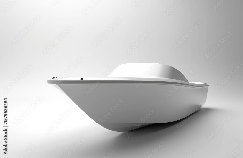 Poster a sleek white boat resting on a smooth surface in a minimalistic setting
