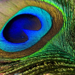 Vibrant Iridescent Peacock Feather with Blue Green and Gold Pattern Close Up