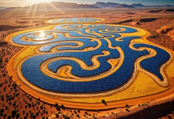Aerial view of a large solar farm with winding rows of solar panels in a desert landscape