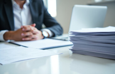 Business professional sitting at desk with a large stack of papers and documents