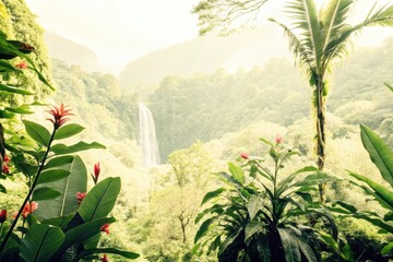 Lush Tropical Jungle with Waterfall and Vibrant Green Plants