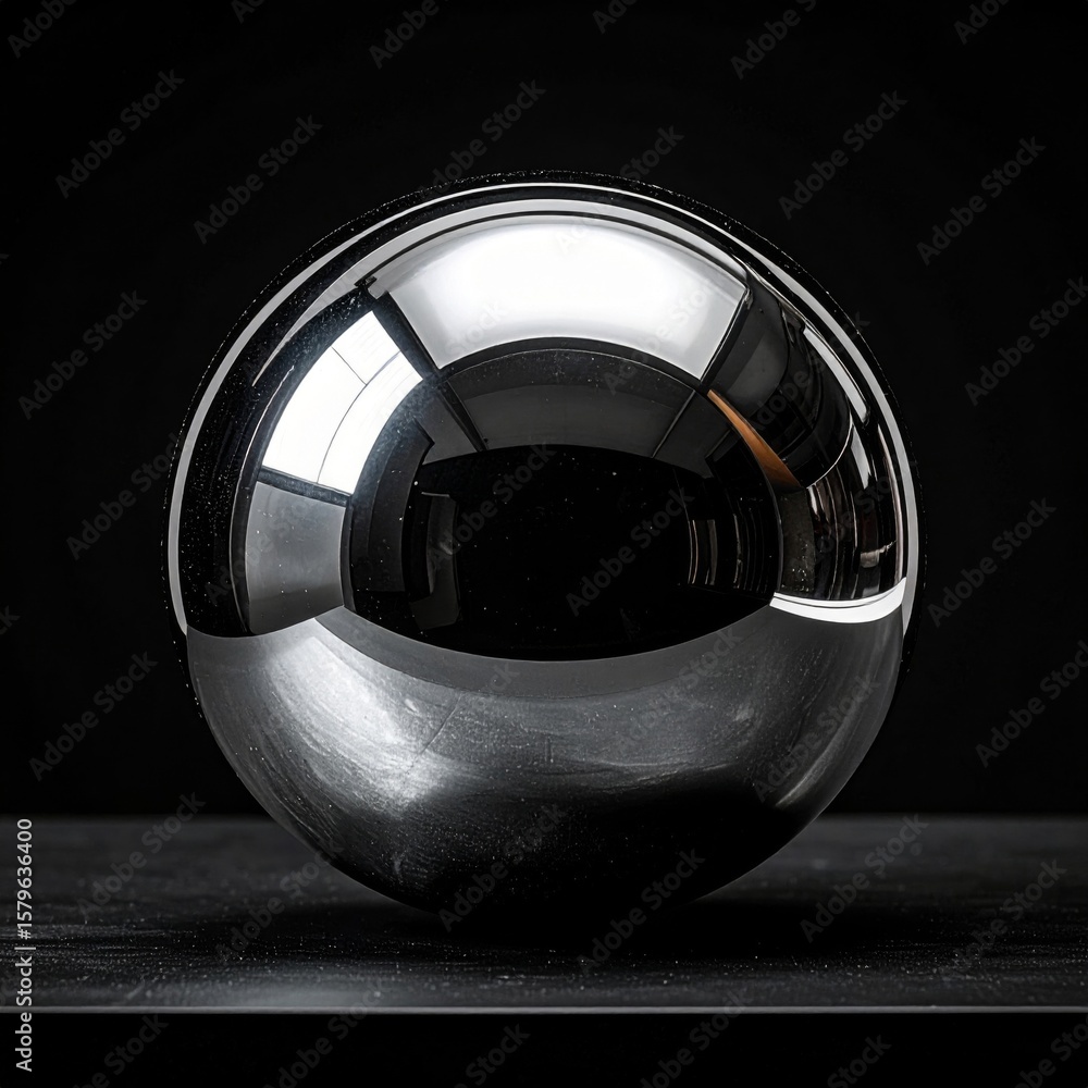 Poster reflective chrome sphere on a dark surface in a studio setting with dramatic lighting