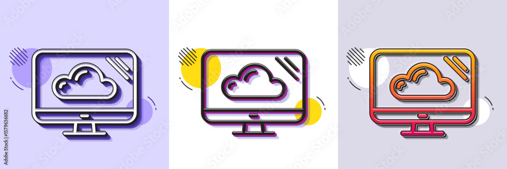 Poster computer line icon. halftone dotted pattern. gradient icon with grain shadow. cloud storage service 