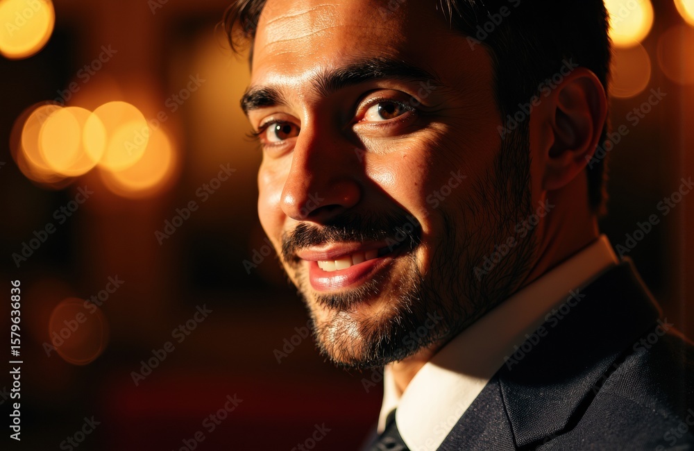 Poster man with dark hair and beard smiling in a dimly lit environment with warm bokeh lights
