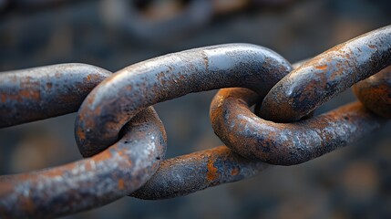Macro view of a weathered metallic chain with prominent rust and wear, showcasing its age and sturdy construction against a blurred, complementary backdrop.