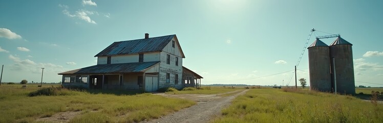 Obraz premium Weathered old farm house, two grain silos stand in grassy field under clear blue summer sky. Rustic scene captures agricultural architecture, representing vintage, abandoned rural landscape with