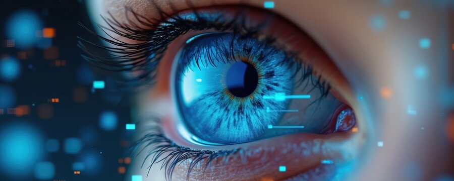 Close-up of vibrant blue eye with futuristic data visualization charts, graphs. Advanced AI technology processes information, creating concept of digital identity, cyber security. Biometric scanning,