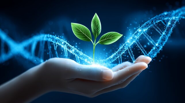 Hand holding plant with dna, symbiosis of nature, science, and growth