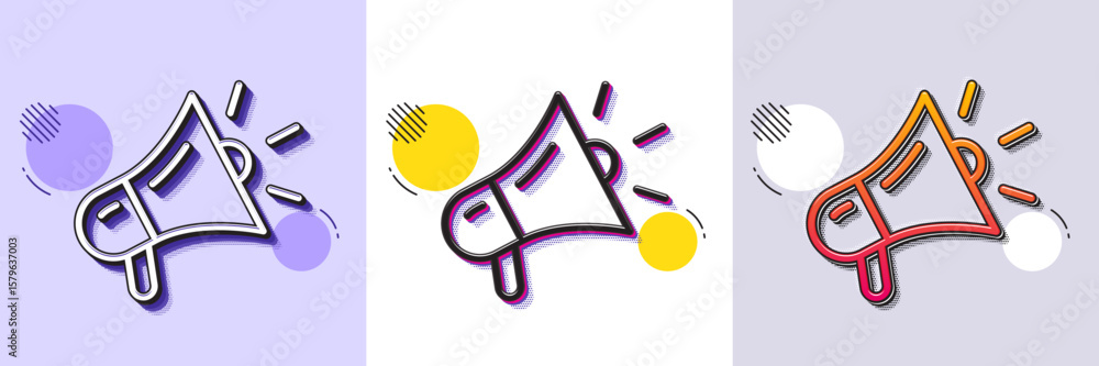Poster megaphone line icon. halftone dotted pattern. gradient icon with grain shadow. advertisement device 