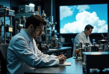 Scientists conduct experiments in a modern laboratory with advanced equipment and a bright sky view