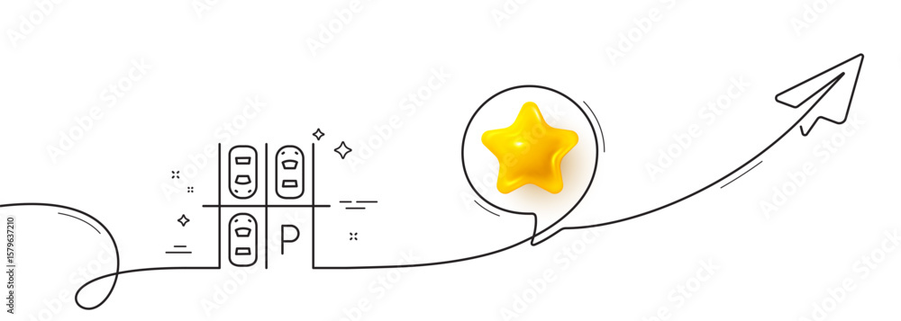 Poster parking place line icon. continuous line with share plane. car park sign. transport symbol. 3d star 