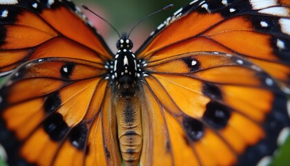 Macro view of vibrant orange butterfly wings featuring intricate black patterns, delicate white spots. Symmetrical wing design shows detailed veins, texture. Close-up captures natural beauty, fragile
