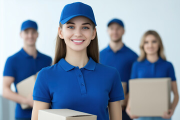 Smiling delivery team with packages at a distribution center in bright environment