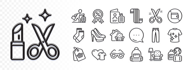 Armchair, Beauty and Clean t-shirt line icons for web app. Glare of light effect. Message icon. Pack of Backpack, Pants, Love glasses pictogram icons. Passport, Clothing, Wallet signs. Vector