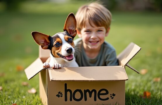 Smiling boy and Jack Russell dog in cardboard box labeled home. Enjoying summer vacation on grass. Happy childhood moments of playing with pet, new family home concept. - Powered by Adobe