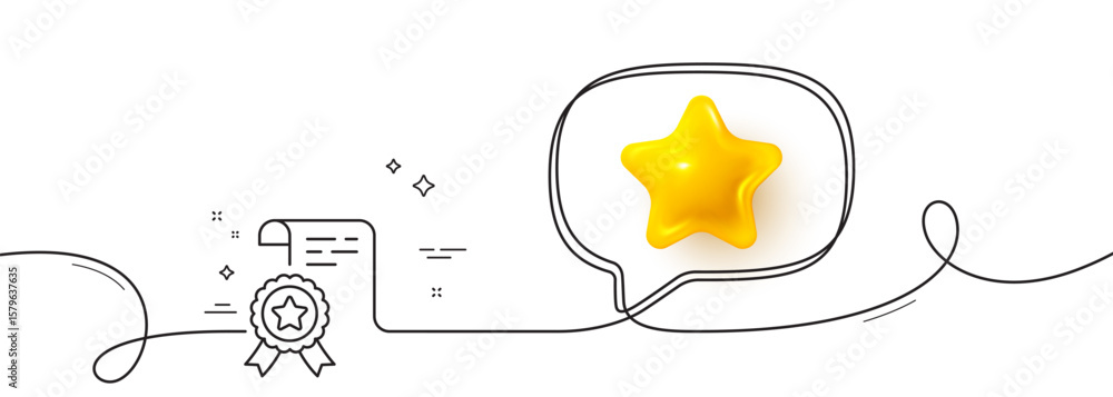 Poster certificate line icon. continuous line with 3d star. certified document sign. medal or stamp symbol.
