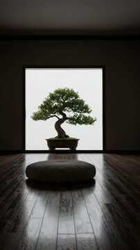Bonsai tree in a minimalist room with a meditation cushion. Serene Japanese Zen interior with a bright window and dark wood floor. Calm and peaceful atmosphere.