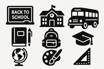 Back to school essentials icons representing education, learning and student supplies in black glyph style on a white background.