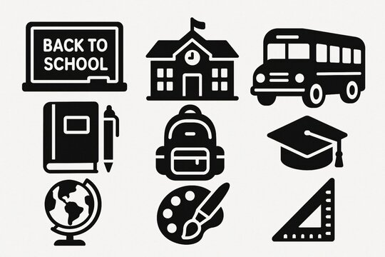 Back to school essentials icons representing education, learning and student supplies in black glyph style on a white background.