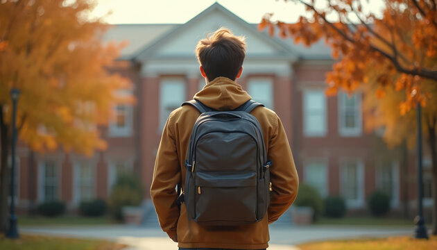 Student with backpack walks toward university building. Autumn foliage frames path. Youthful scholar begins academic journey, embracing campus life, daily studies, and future education.