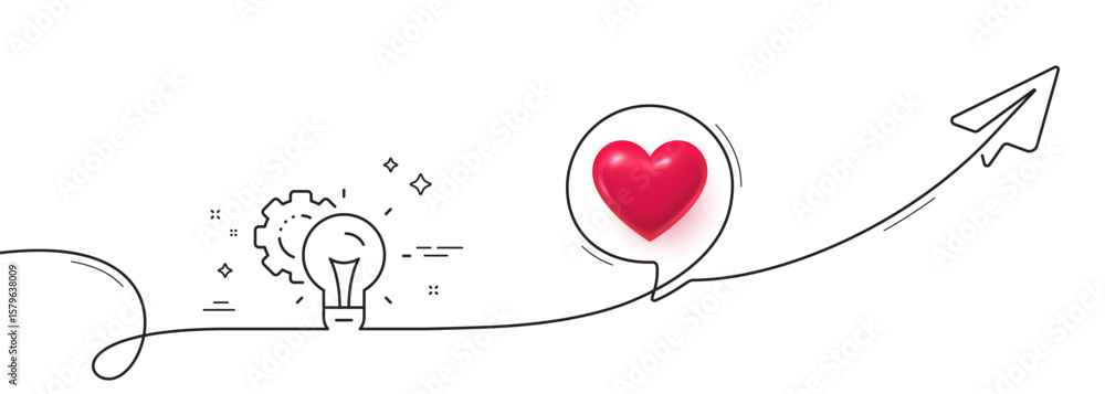 Poster idea gear line icon. continuous line with share plane. settings cogwheel sign. working process symbo