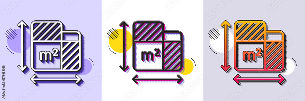 Poster floor plan line icon. halftone dotted pattern. gradient icon with grain shadow. room dimension sign.