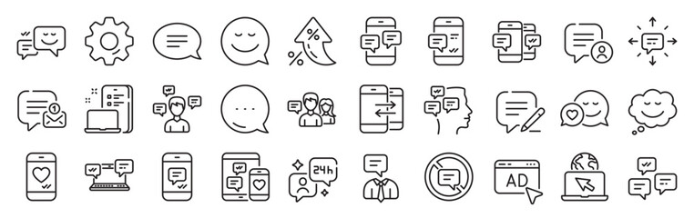 Message sms and Communication icons. Settings gear, Message, Inflation icons. Group chat, Conversation and Speech bubbles icons. SMS communication, Phone chat and Stop talking symbols. Vector