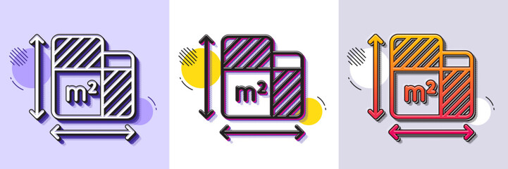 Floor plan line icon. Halftone dotted pattern. Gradient icon with grain shadow. Room dimension sign. House area measurement symbol. Line floor plan icon. Various designs. Vector