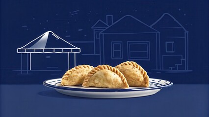 Plate of Delicious Freshly Baked Empanadas on Blue Background