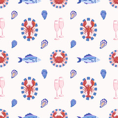 Seamless pattern of hand drawn lobster, crab, oysters, fish, striped plates, champagne glasses. Vector seafood and drink. Summer gourmet dining. Mediterranean design for textile, wallpaper, wrapping