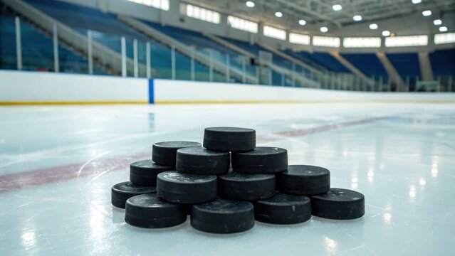 Pile of Hockey Pucks on Ice Rink Surface in Sports Arena