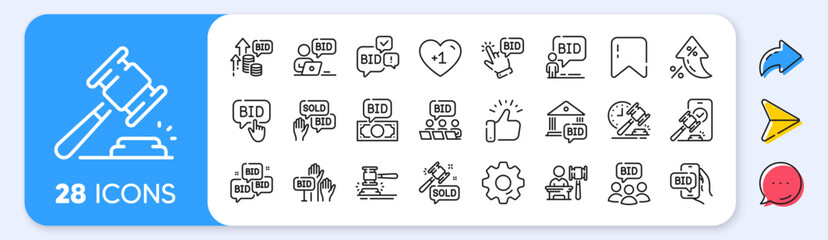 Auction line icons. Interest rate, AI generate, Inflation icons. Deal hammer, bid offer and law justice act set. Judge gawel, vote hand and bid price line icons. Vector