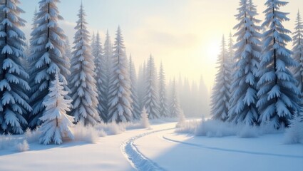 Snowy path winds through a dense forest of snow covered evergreen trees on a sunny winter day
