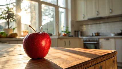 Red Apple on Wooden Kitchen Table with Sunlight Streaming In