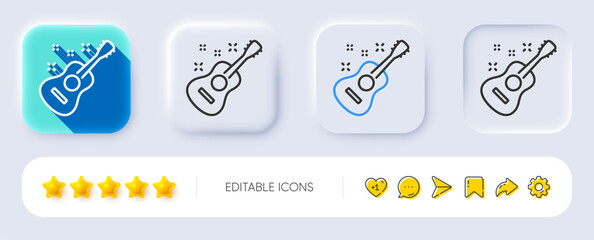 Acoustic guitar line icon. Neumorphic, Flat shadow, 3d buttons. Music sign. Musical instrument symbol. Line guitar icon. Social media icons. Vector