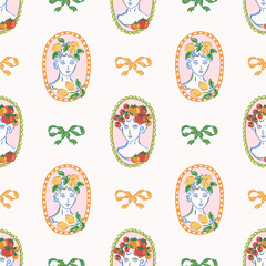 Seamless pattern of classical busts decorated with lemons and tomatoes in oval frames and ribbon bows. Hand drawn vector illustration. Mediterranean and antique design for textile, wallpaper, wrapping
