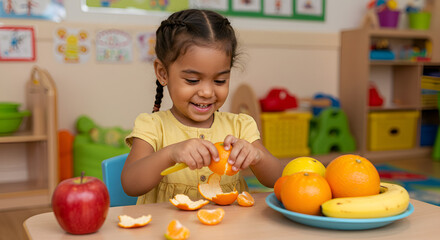 Young Girl with Braided Hair Wearing Yellow Dress Peeling Fresh Orange at Table with Bananas, Oranges, and Apple in Bright, Colorful Preschool Classroom, Educational Decorations, Healthy Eating