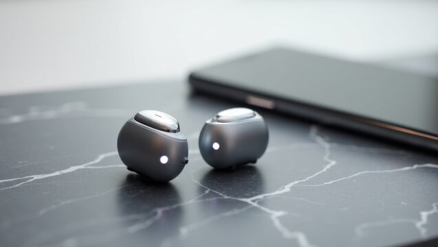 Close up of gray wireless earbuds on a marble surface with a smartphone in the background blurred out