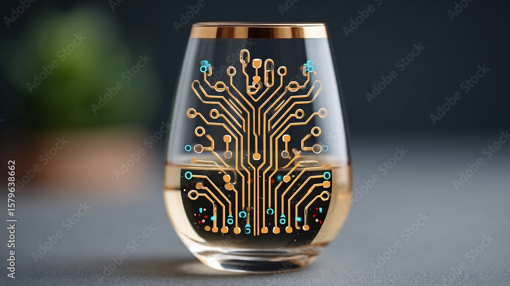 Poster digital wine glass with circuit board design technology concept ai generated image for futuristic co