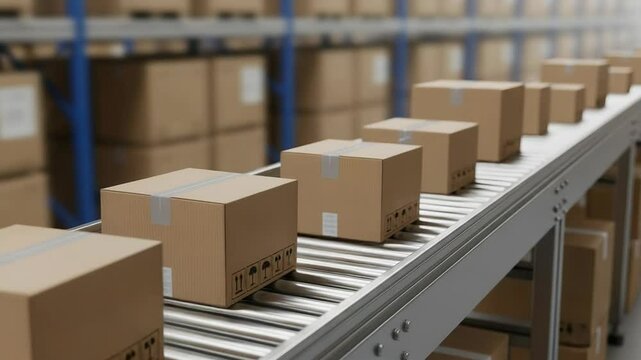 Cardboard Boxes Moving on an Automated Conveyor Belt in a Modern Warehouse
