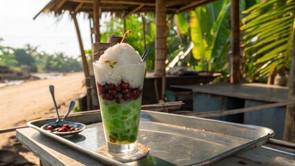 Refreshing dessert drink with beans and ice served outdoors