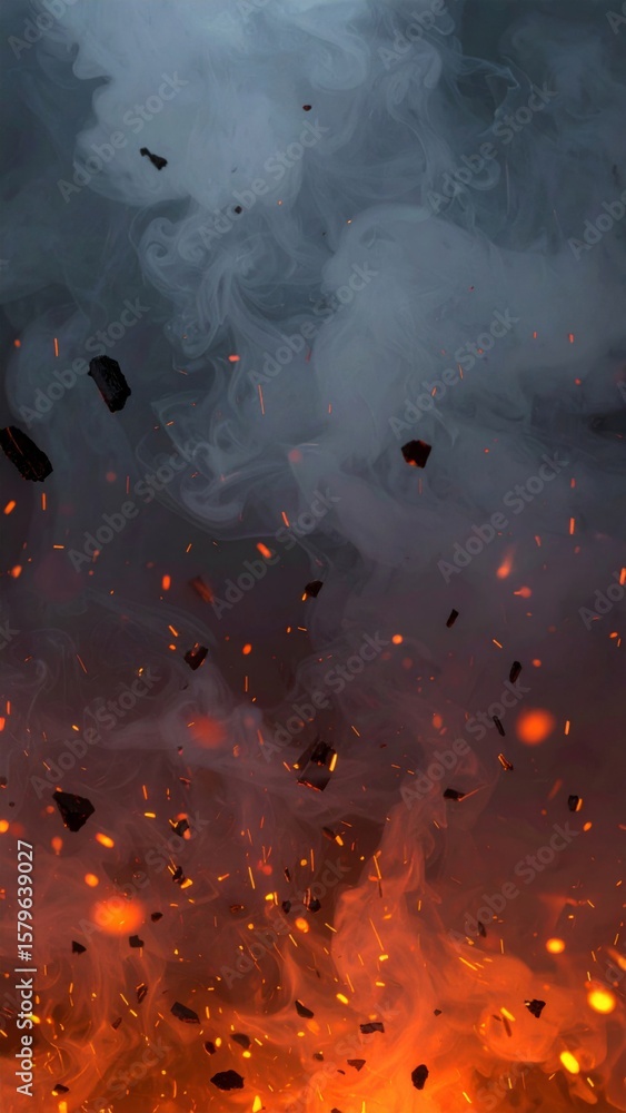 Poster orange fire and smoke texture abstract background with soot and ash particle