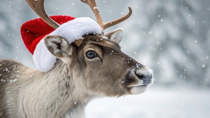 Reindeer in Santa Hat Against Snowy Winter Landscape