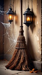Worn Broom and Lit Lanterns with Cobwebs Against an Old Wall for Halloween