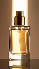 Elegant Perfume Bottle with Golden Accents on Reflective Surface in Studio Light