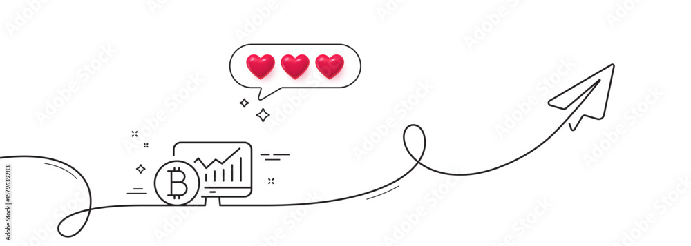Poster bitcoin graph line icon. continuous line with share plane. cryptocurrency analytics sign. crypto mon