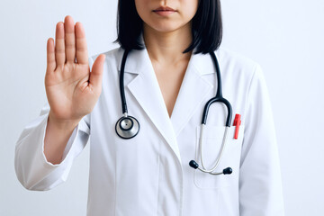手のひらを上げて制止のポーズをする白衣姿の女性医師