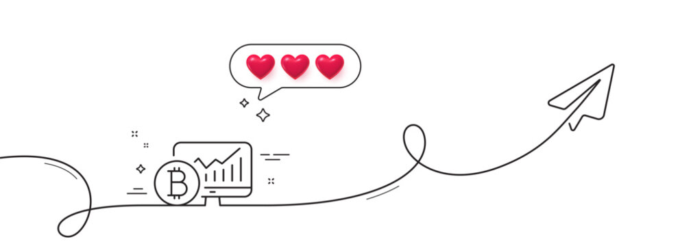 Bitcoin graph line icon. Continuous line with share plane. Cryptocurrency analytics sign. Crypto money statistics symbol. Hearts rate review in speech bubble. Bitcoin chart single line ribbon. Vector