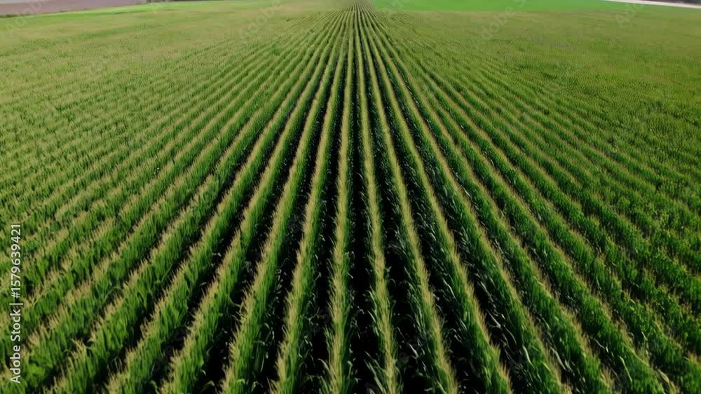 Poster endless rows of green corn plants stretch across agricultural field, creating a pattern of lines lea