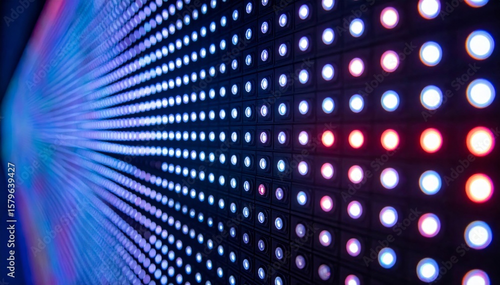 Poster illuminated led panel display with blue and red pixels technology concept